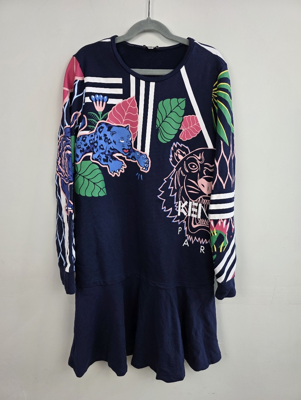 KENZO Navy Graphic Floral Tiger Sweatshirt Dress, Size 14